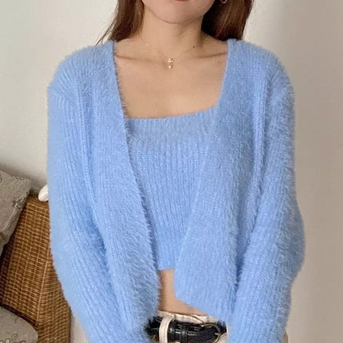 Two-Piece Camisole Knitted Vest with Long Sleeve Cropped Cardigan